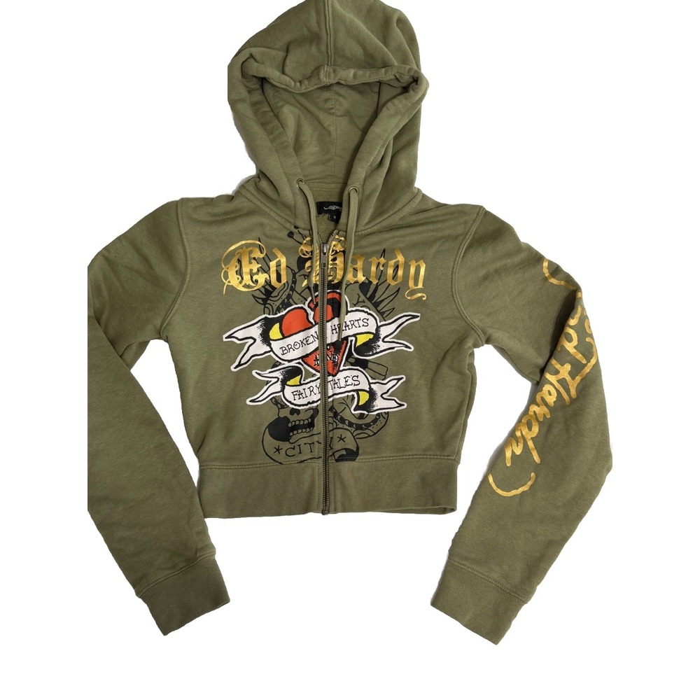 Ed Hardy Tattoo Graphic" Broken Hearts And Fairy Tales" Cropped Hoodie Size S